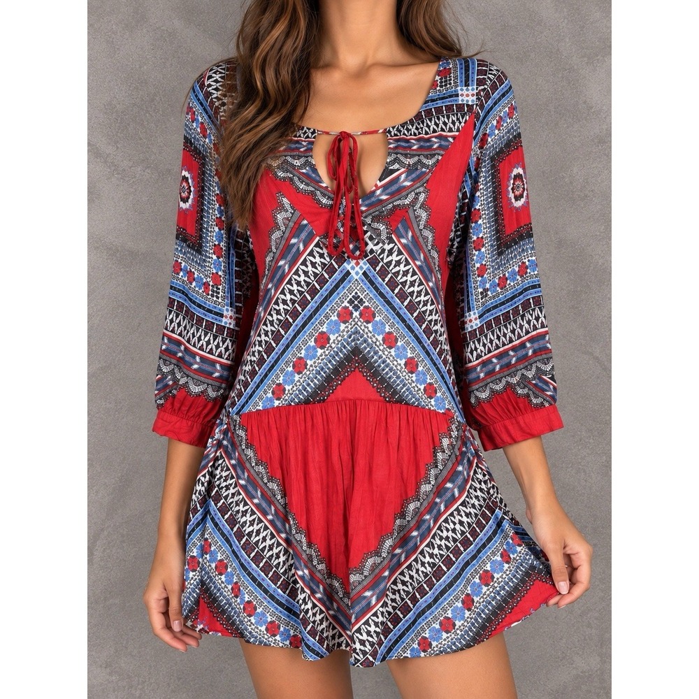 Farm Rio Tunic Mini Dress Womens Large Multicolor Boho Botanical Geometric